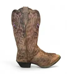 Justin Women’s Western Boots 6.5 B Snip Toe Pink Stitch Distressed Leather