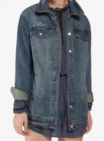 Avec Les Filles embroidered Follow me Blue Denim Jacket XS button front