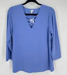 Cato NWT Blue‎ Criss Cross Neckline Light Blue Blouse Size L Flowy Flattering