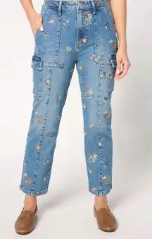 DRIFTWOOD Blue Floral Embroidered Cropped Jeans Royce Straight Leg Cargo Denim