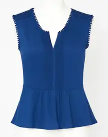 Ann Taylor Blouse Blue Peplum Sleeveless Top Size 6 Sleeveless Pom Pom Trim Work
