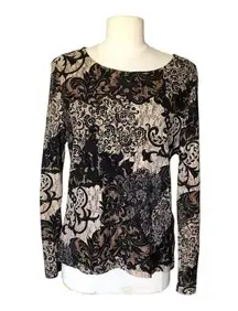 Classique Entier Black Beige Baroque Floral Lace Long Sleeve Top Women's Size XL