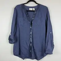 Chico's Linen Top Women 1 US M Blue Sequin Button Up Roll Tab Crochet Beach Boho