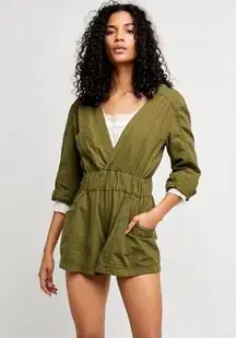Free People Olive Green Beside You Cotton Shortall Long Sleeve Open Back Romper