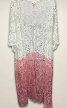 Lace Kimono Duster White Pink Ombre Open Front‎ Bohemian Festival Cover Up