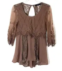 3/$30 BKE Boutique | Brown Pierced Lace Open Back Gauze Top S