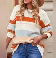 Shewin Fall Striped Knit Sweater White, Orange, Tan, Brown, & Blue Small NWT