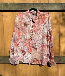 Southern Lady  Semi Sheer size Large Button Up Floral Leaf Orange‎ Spring Summer