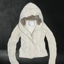 Vtg Y2k American Eagle Cream Cableknit Hooded Sherpa Lined Zip Up Jacket Size M