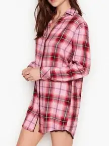 Victoria's Secret  VS Button Front Flannel Sleep Top Pink Red Plaid Nightgown PJs