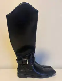 Zara Trafaluc Vegan Faux Leather Knee High Zip Up Buckle Riding Boots Black 5.5