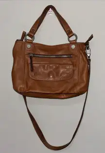 FOSSIL Long Live Vintage Camel Brown Leather Carryall Crossbody Handbag Satchel