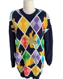 Vintage Chaus Sweater Large Womens Seashell Colorful Chunky Knit Diamond Ocean