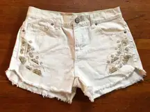 White Denim Shorts Gold Embroidery Womens Size 26 Small Cutoff FP