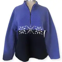Vintage 90’s Y2K Sherpa Fleece Snowflake Jacket Sweater Sweatshirt Christmas Holiday Pullover Purple Blue Black Embroidered Snowflakes  Thick Warm Soft Cozy Oversized Quarter 1/4 Zip Color block Size XL Fair-isle Scandinavian Norwegian