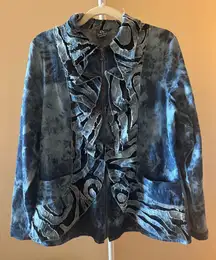 Samuel Dong Artistic Abstract Mesh Ruffle Blue Jean Zip Up Shirt Shacket JacketM