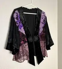 Spencer Alexis Purple Floral Velvet Embroidered Open Kimono Top Cardigan Size 1x