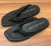 STUART WEITZMAN Calypso Black Leather Braided Square Toe Thong Sandals Size 6.5