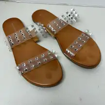 Madden Girl Slip On Silver Studded Vinyl Slides Womens 9 Beach Sandal Flats