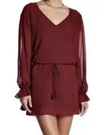 Haute Hippie XS Burgundy V-Neck Mini Dress With Tassel Boho Accents MSRP $695