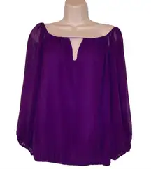 Alice+Olivia Royal Purple Silk On/ Off-Shoulder Puff Sleeve Peasant Blouse -Med