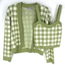 Lalavon Coordinated Set Checkered Crop Knit Sweater Set Green White Size Small