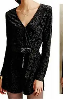 Saylor Burnout Velvet Romper Black Anthro V-Neck XS