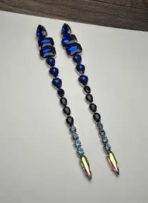 Blue Rhinestone Gold Tone Long Statement Dangle Drop Pierced Earrings