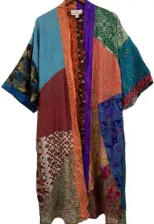 Sacred Threads 100% Silk Patchwork Kimono Duster Robe XL Boho Festival RARE