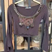 Vintage Y2K 90s Top cropped beaded coins bell long sleeves scoop neck tassels