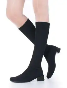 Paul Green • Stretch Neoprene Knee Boots tall black square toe block heel 90s