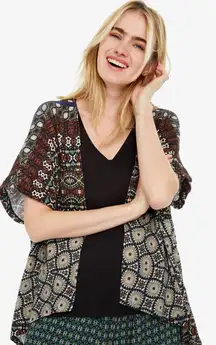 Desigual Jamil Geometric Short‎ Sleeve Cardigan Tank Top Combo Small Black Red