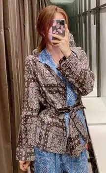 Black Blue Printed Wrap Blouse Top