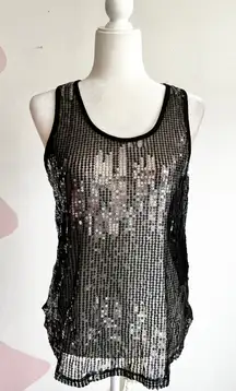 Black Sequin Mesh Tank‎ Top, Y2K Indie Sleaze Party Clubwear 2000s Glam Large