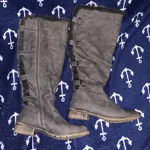 Just Fab Lenka Wide grey faux fur faux leather buckle knee high boots