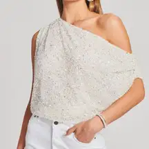 NWT Retrofete Myles Sequin Embellished One Shoulder Top Iridescent White Women S