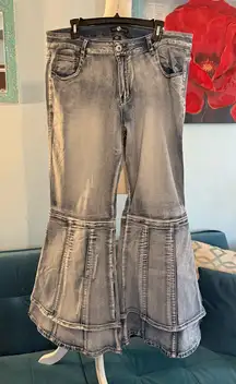 Ashley Stewart Patchwork High Rise Flare Wide Leg Stretch 75% Cotton Jeans Sz 16