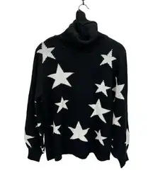 Zenana Women's Black White Star Printed Cowl Neck Knit Pullover Sweater Small