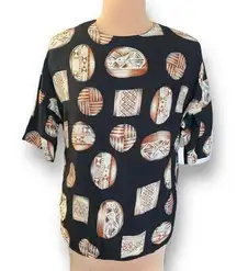 Vintage Casual Corner Top Black Brown Native Abstract Art Short Sleeve Blouse