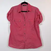 Ana Pink Lightweight Cotton Summer Shortsleeve Rolled Tab Button Women Shirt XL