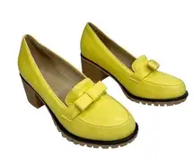 Bright Yellow Chunky Stacked Block Heel Bow Loafers