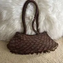 Vintage brown beaded fish scale triangle shape double handle satin handbag purse