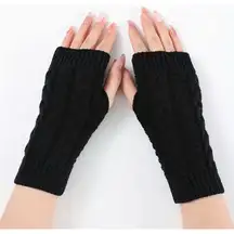 Women’s Cable Knit Fingerless Gloves Black One Size