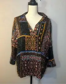 Polly & Esther Boho Multicolor Multiprint 3/4 Sleeve Blouse Medium NWT