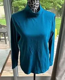 L.L. Bean T-Shirt Women's Large L Long Sleeve Turtle Neck Teal 100% Cotton G4