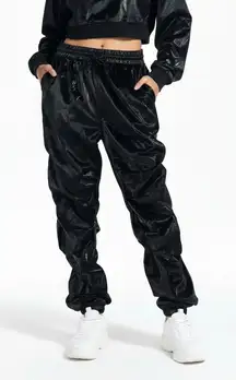 LABIJOU Black Shiny Ruched Jogger Pants Womens L Retro Y2K Streetwear