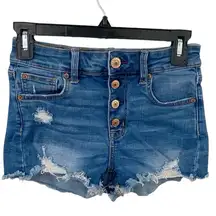 American Eagle super stretch distressed hi-rise denim shortie button fly size 0