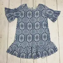 Vanessa Alexandra Blue Medallion Ruffle Linen Dress Size Medium