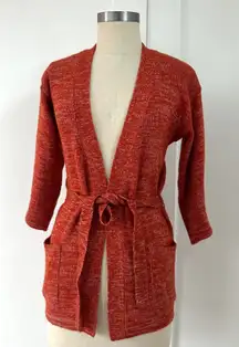 Vintage Rust Orange Marled Knit Tie Waist Cardigan 3/4 Sleeve 70s XS S Robe