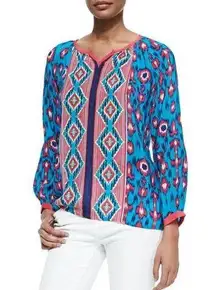 Tolani Helen Blue Pink IKat Silk Tunic Blouse Sz.XS